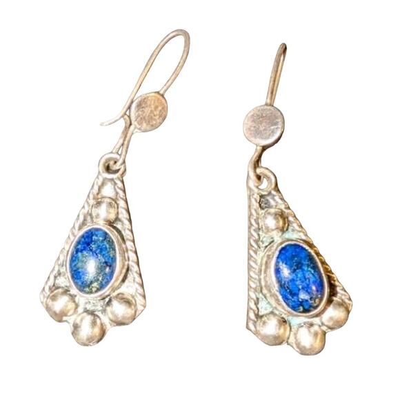 Vintage 925 Sterling Lapis Lazuli Art Deco Boho Drop Dangle Earring 2 in. Long - Picture 1 of 6